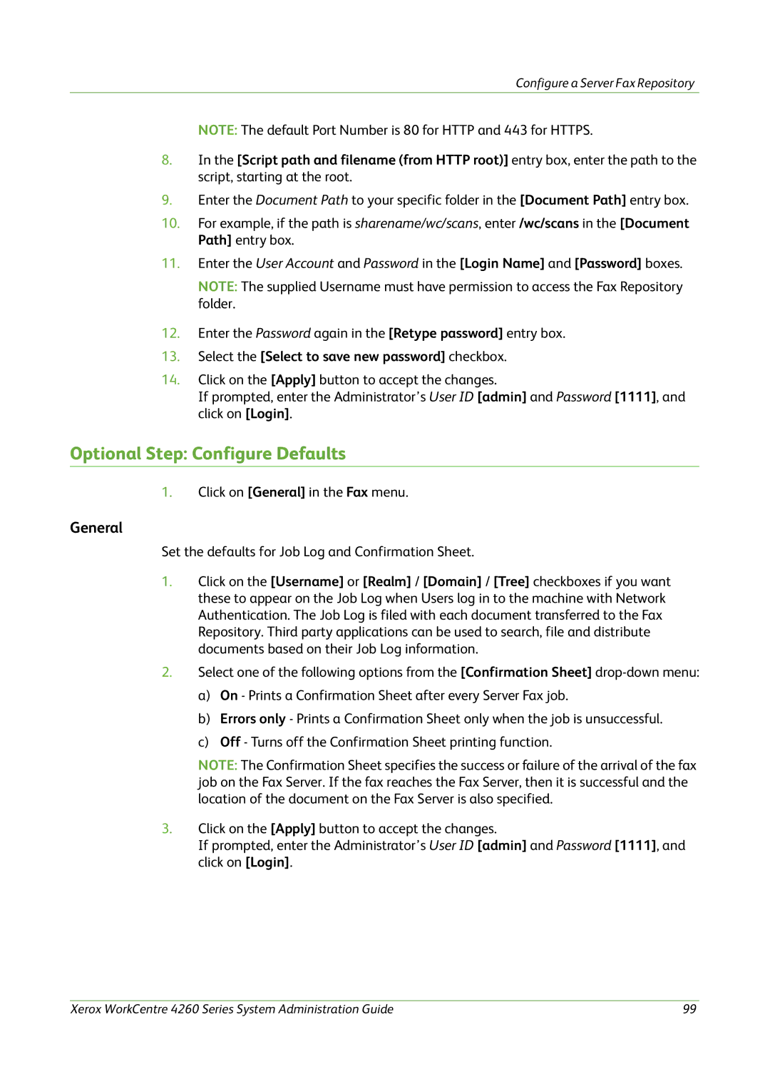 Xerox 4260 Series manual Optional Step Configure Defaults, General 