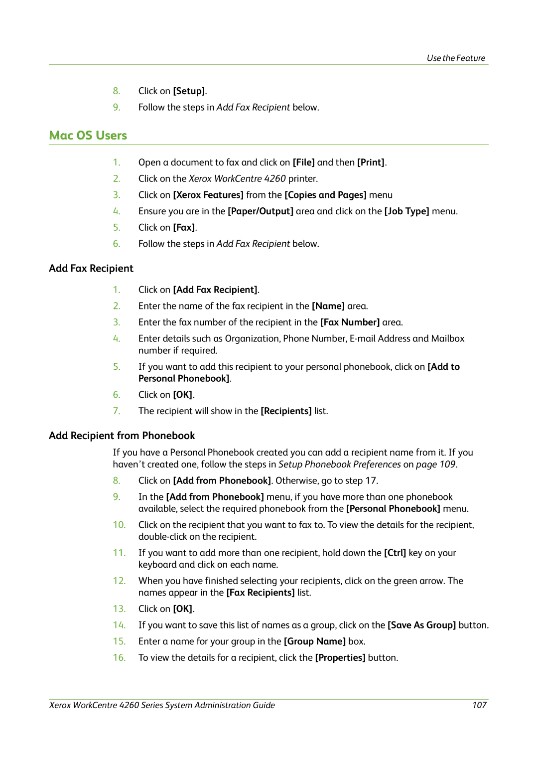 Xerox 4260 Series manual Mac OS Users, Add Recipient from Phonebook, Click on Add Fax Recipient 