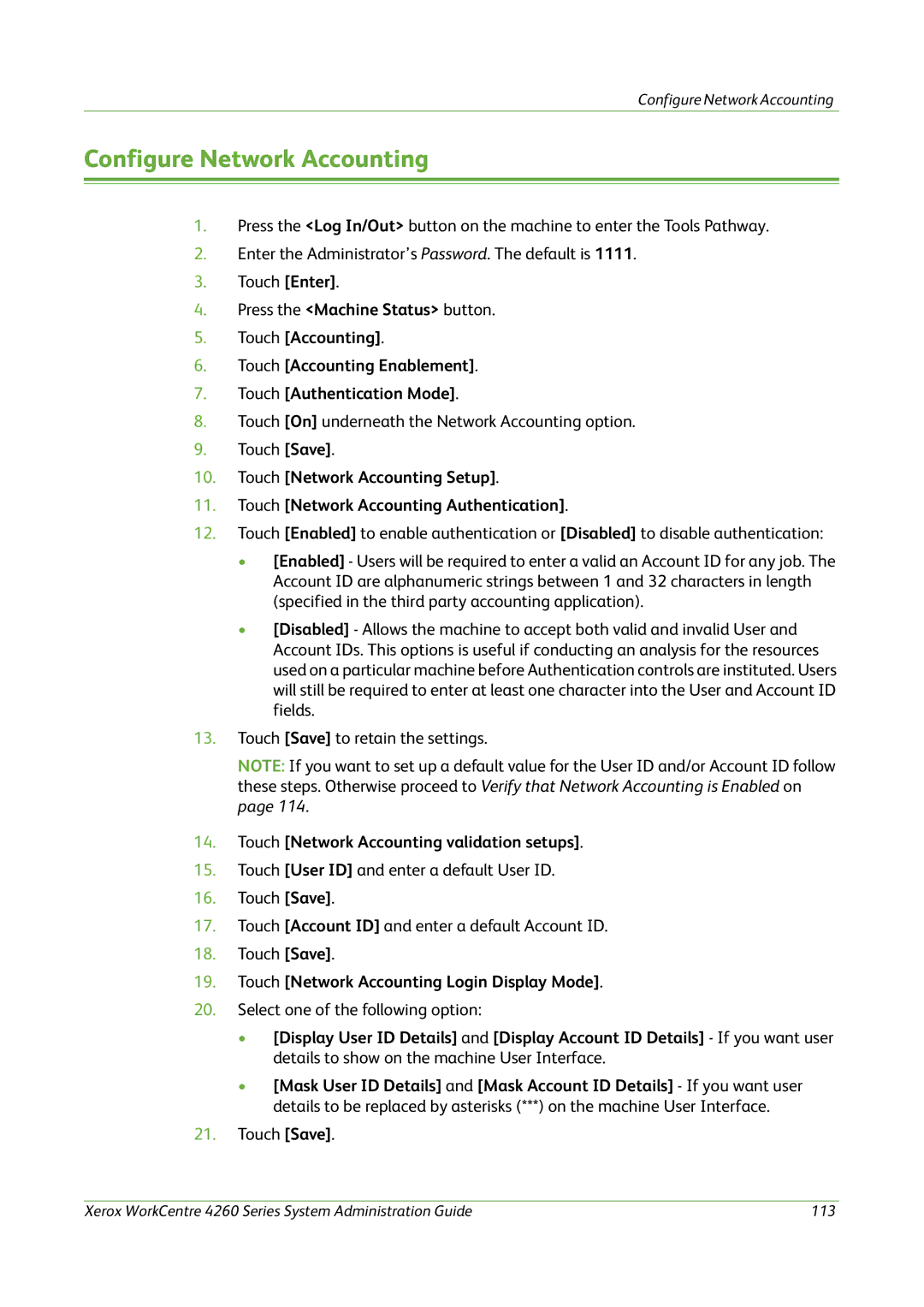 Xerox 4260 Series manual Configure Network Accounting, Touch Network Accounting validation setups 