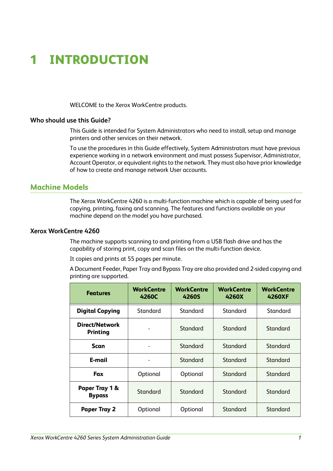 Xerox 4260 Series manual Introduction, Machine Models, Who should use this Guide?, Xerox WorkCentre 