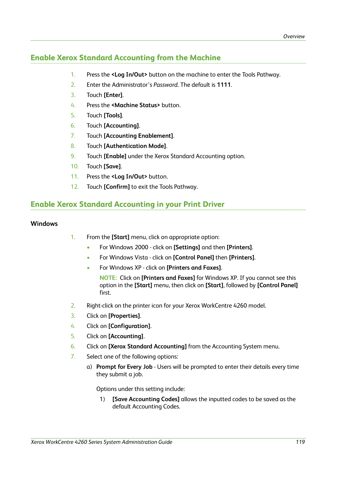 Xerox 4260 Series Enable Xerox Standard Accounting from the Machine, Enable Xerox Standard Accounting in your Print Driver 