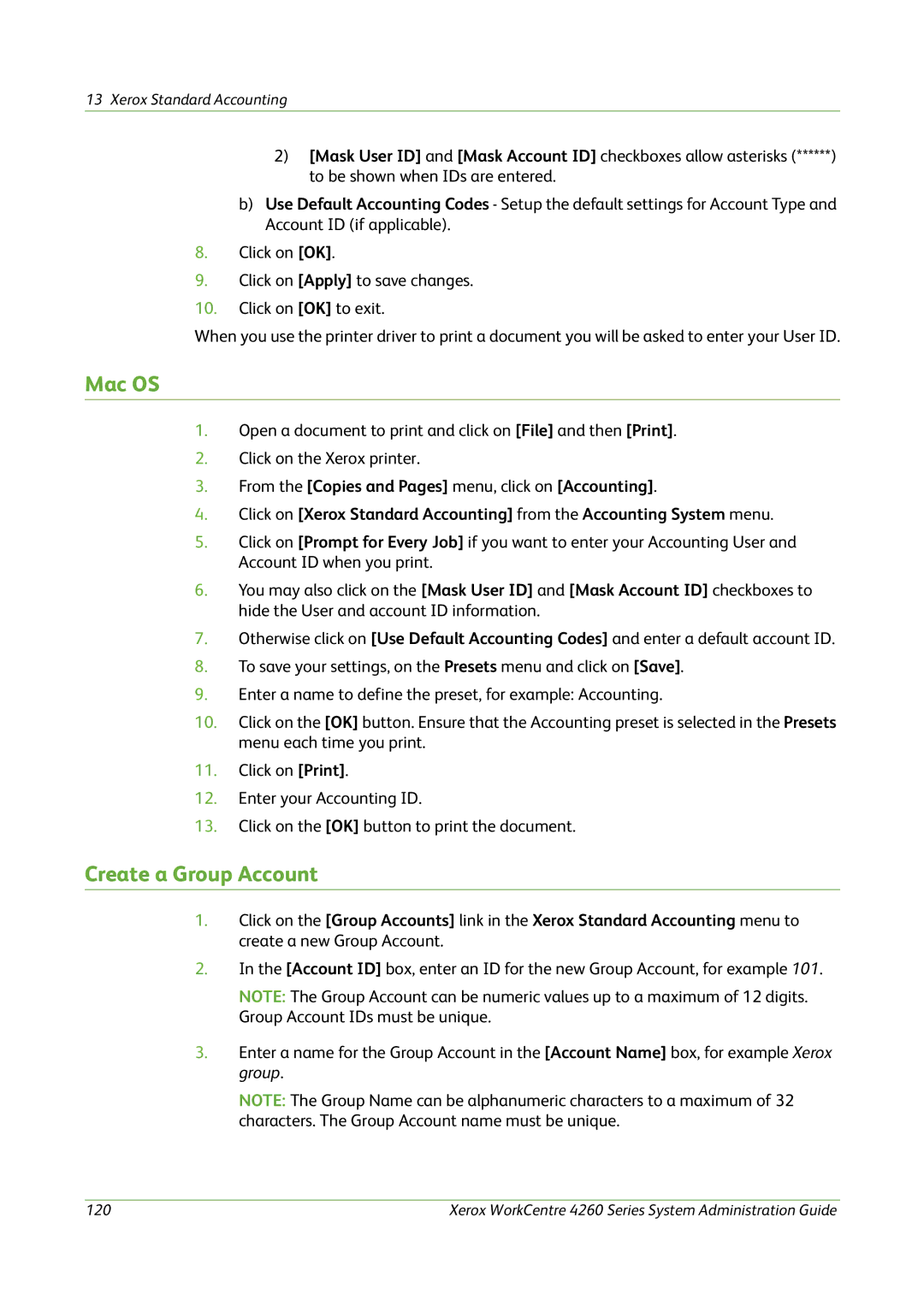 Xerox 4260 Series manual Mac OS, Create a Group Account 