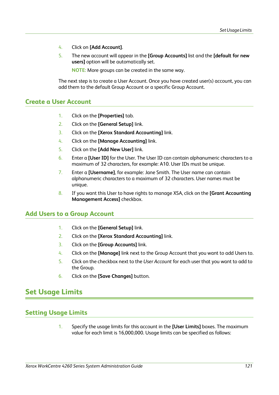 Xerox 4260 Series manual Set Usage Limits, Create a User Account, Add Users to a Group Account, Setting Usage Limits 