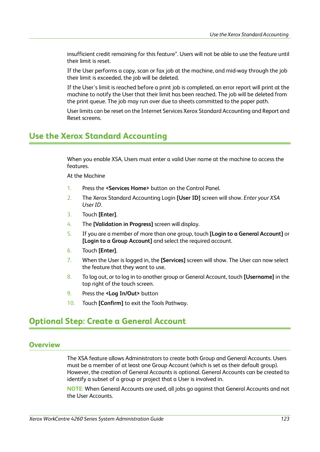 Xerox 4260 Series manual Use the Xerox Standard Accounting, Optional Step Create a General Account 