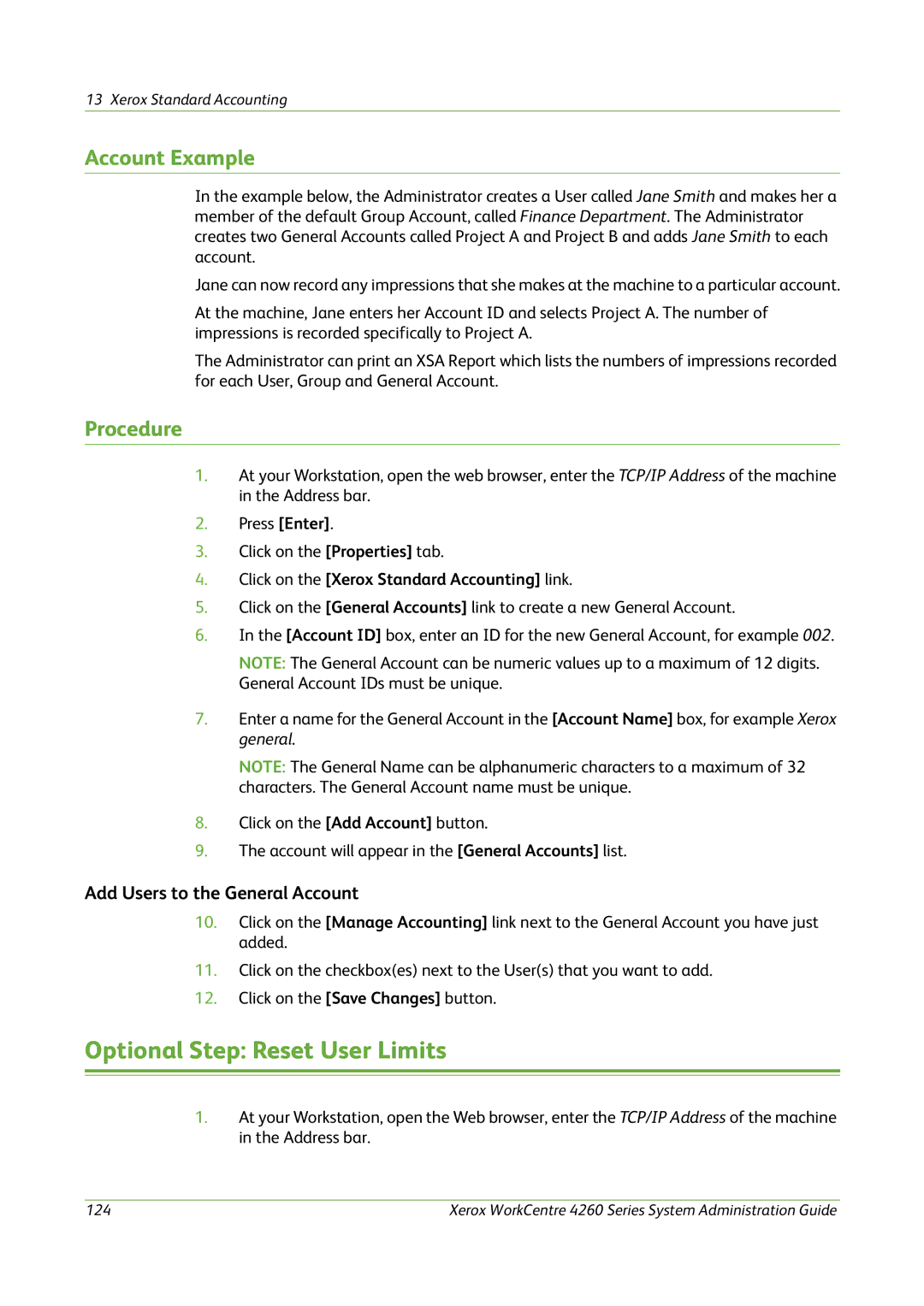 Xerox 4260 Series manual Optional Step Reset User Limits, Account Example, Add Users to the General Account 