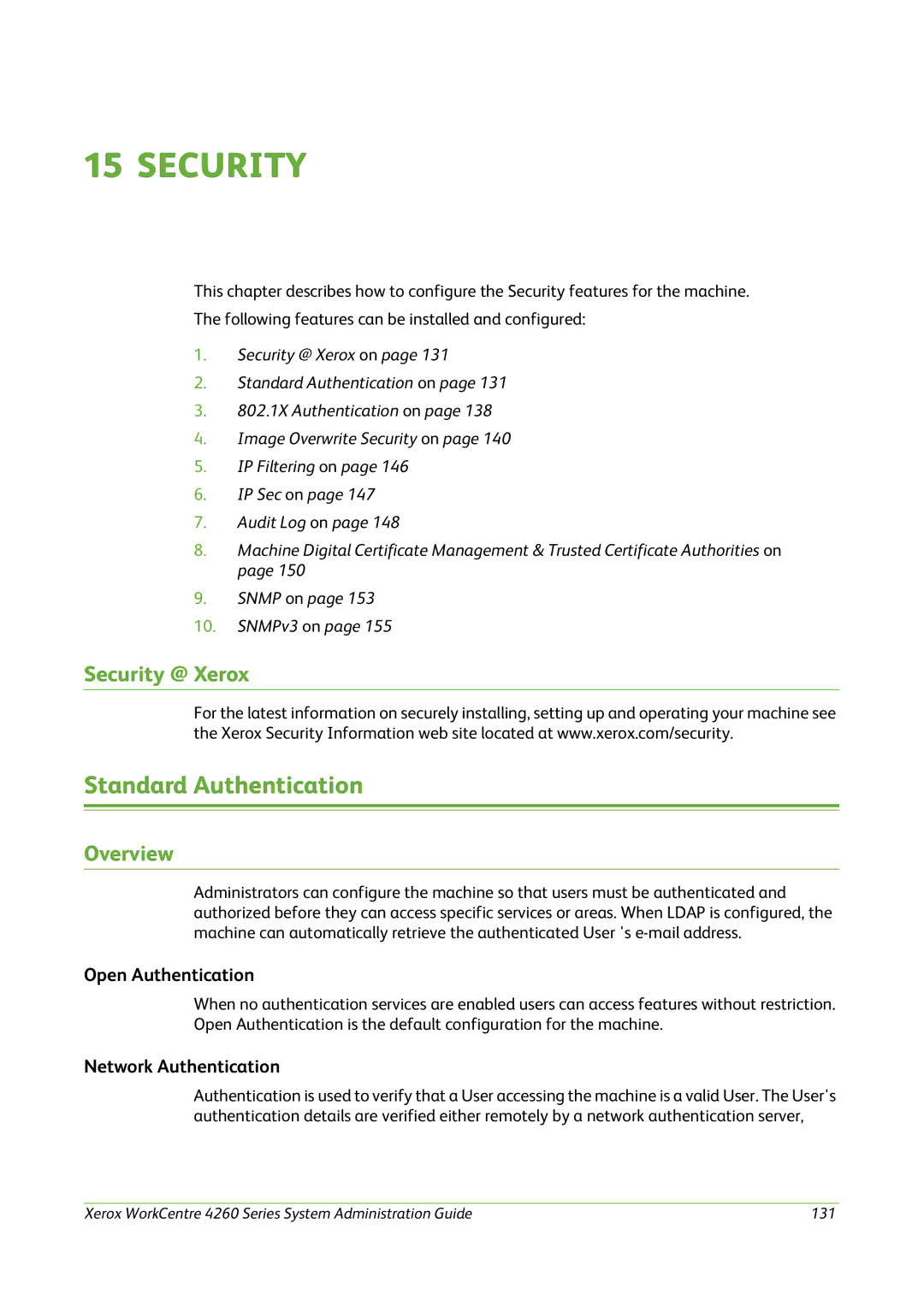 Xerox 4260 Series manual Standard Authentication, Security @ Xerox, Open Authentication, Network Authentication 