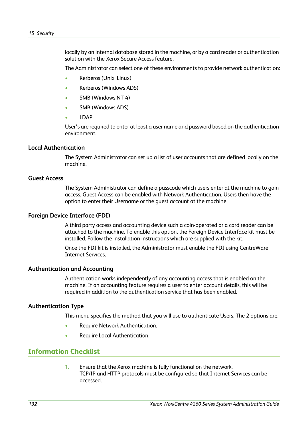 Xerox 4260 Series manual Local Authentication, Guest Access, Foreign Device Interface FDI, Authentication and Accounting 