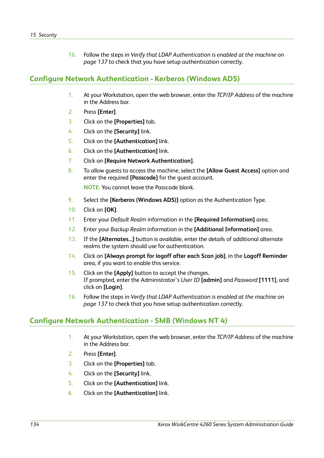 Xerox 4260 Series Configure Network Authentication Kerberos Windows ADS, Configure Network Authentication SMB Windows NT 