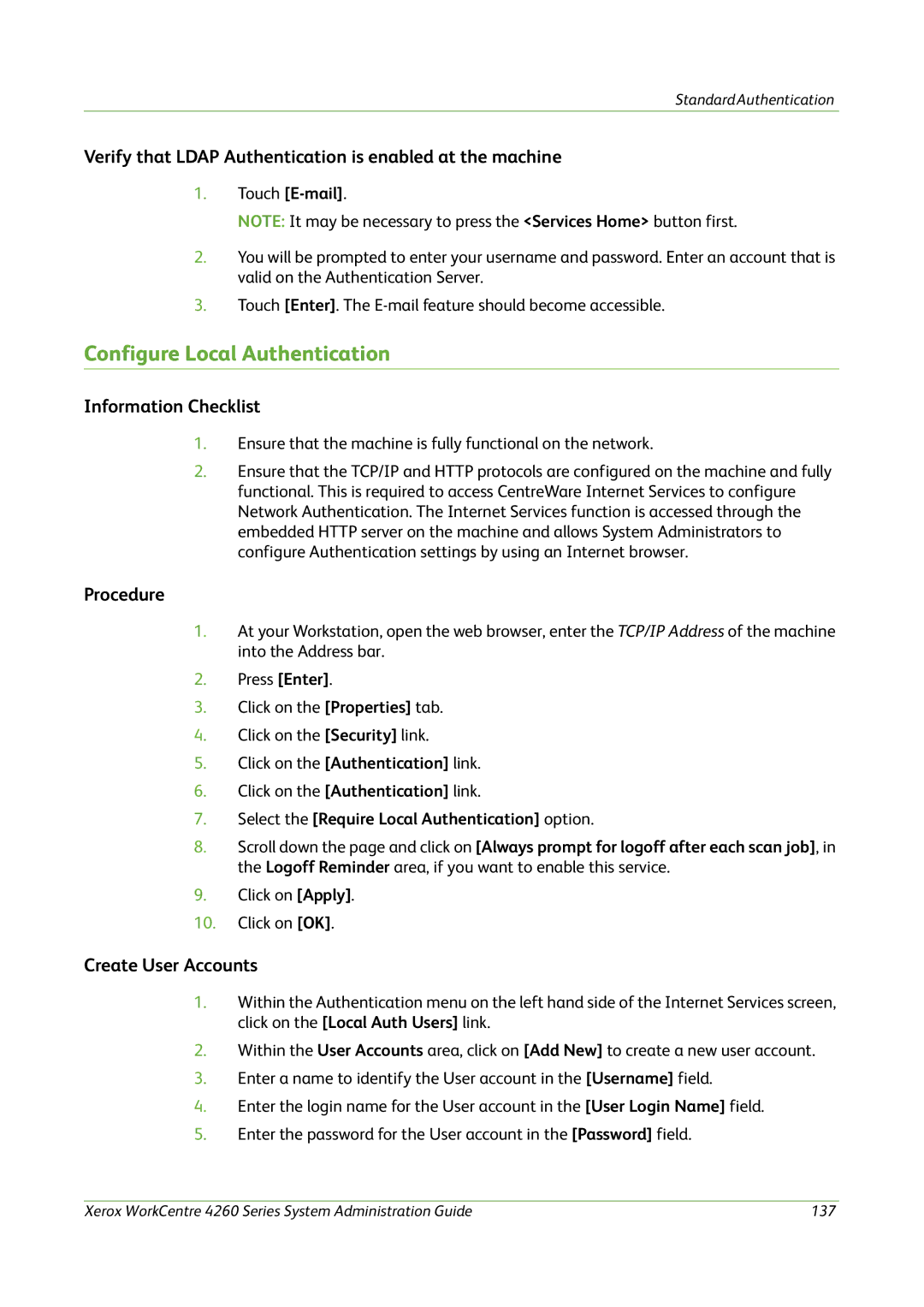 Xerox 4260 Series manual Configure Local Authentication, Verify that Ldap Authentication is enabled at the machine 