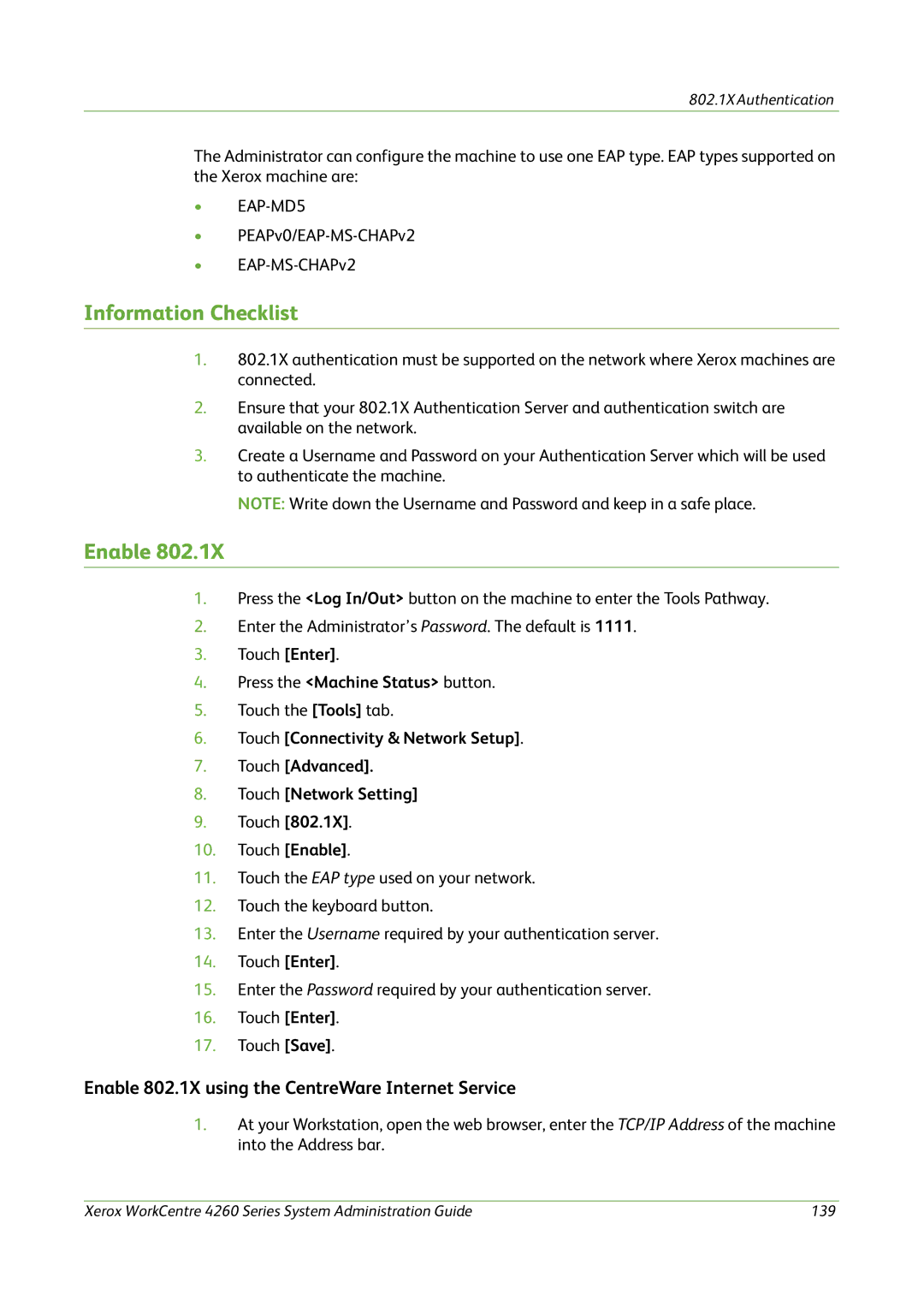 Xerox 4260 Series manual Enable 802.1X using the CentreWare Internet Service 