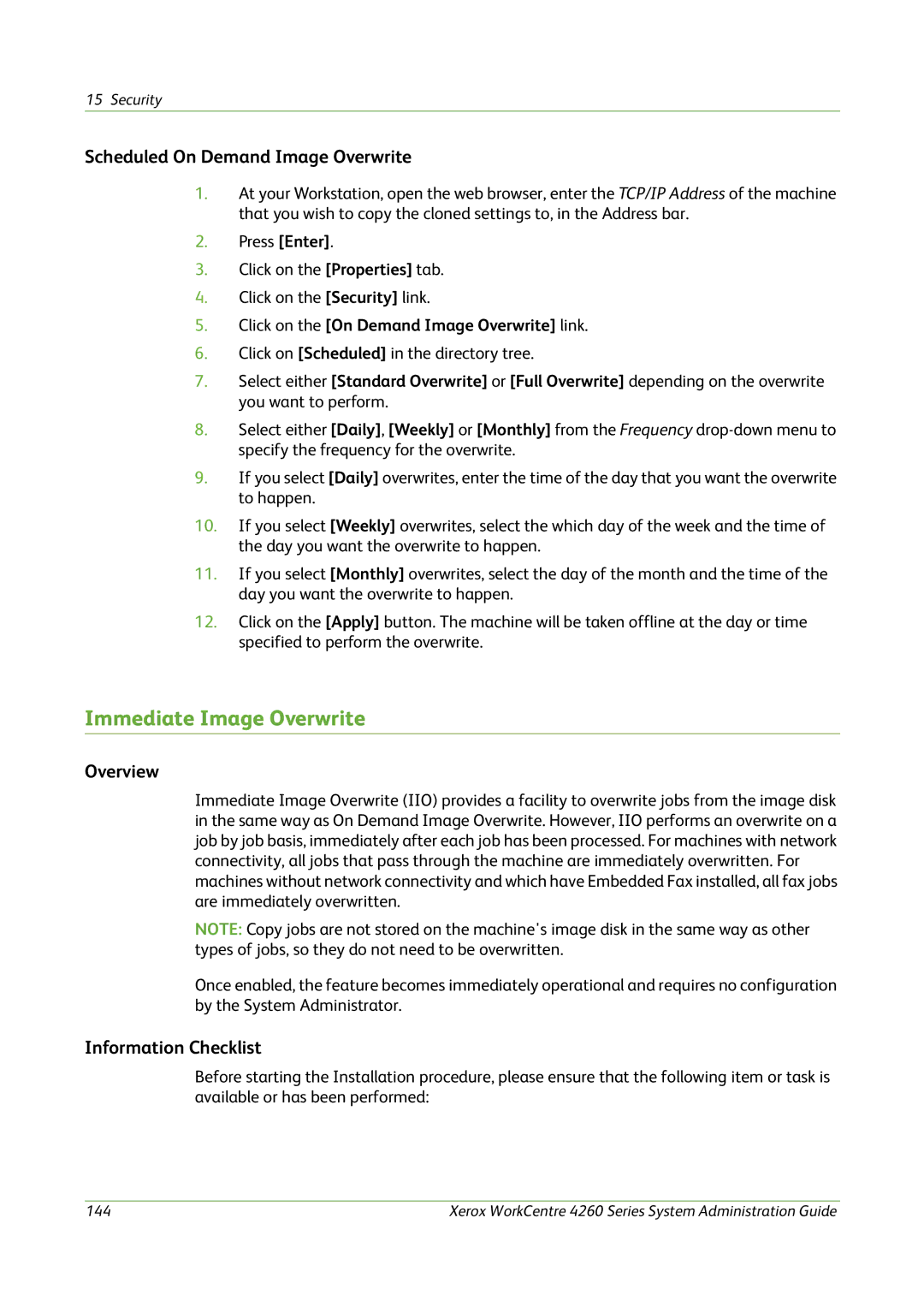 Xerox 4260 Series manual Immediate Image Overwrite, Scheduled On Demand Image Overwrite 