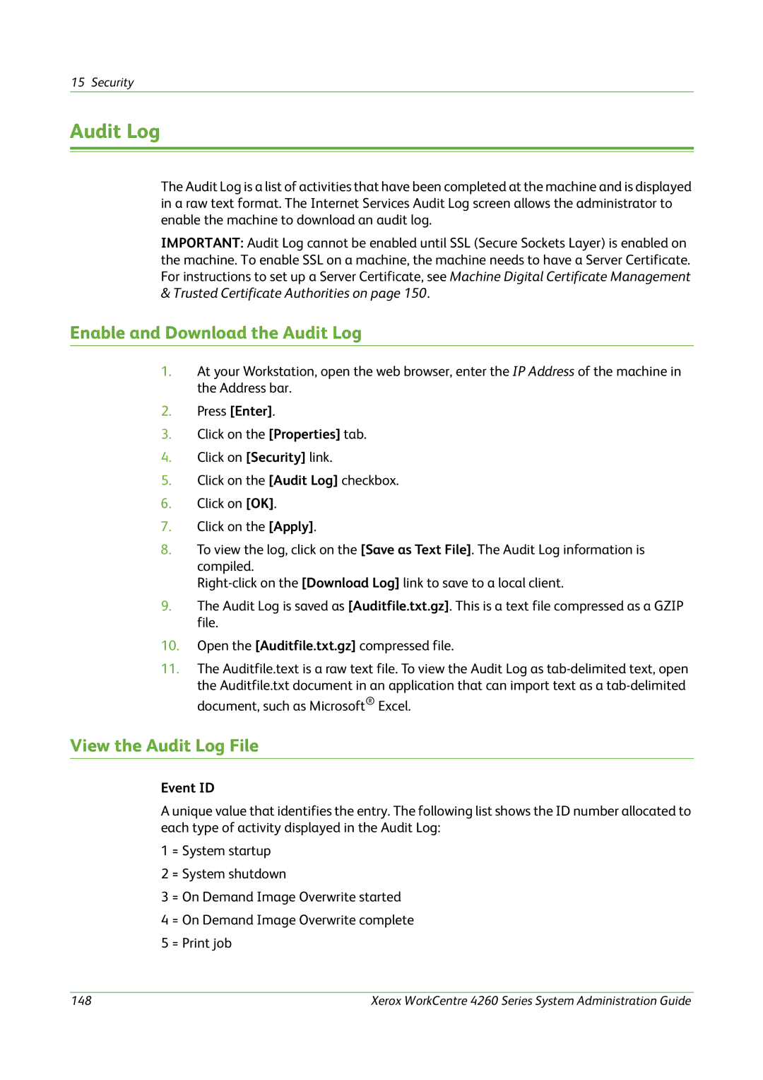 Xerox 4260 Series manual Enable and Download the Audit Log, View the Audit Log File, Event ID 