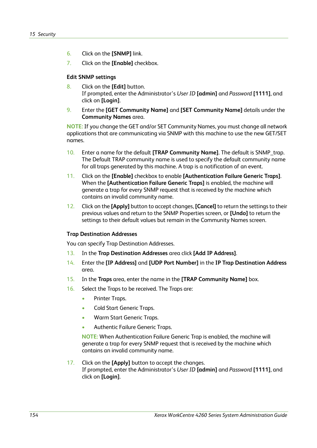 Xerox 4260 Series manual Edit Snmp settings, Trap Destination Addresses 