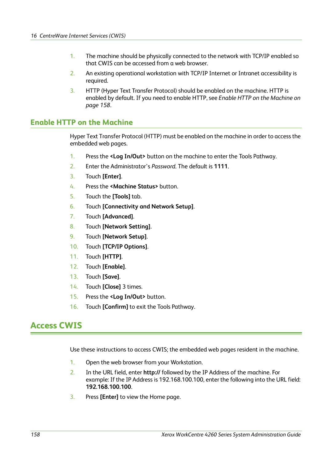 Xerox 4260 Series manual Access Cwis, Enable Http on the Machine 