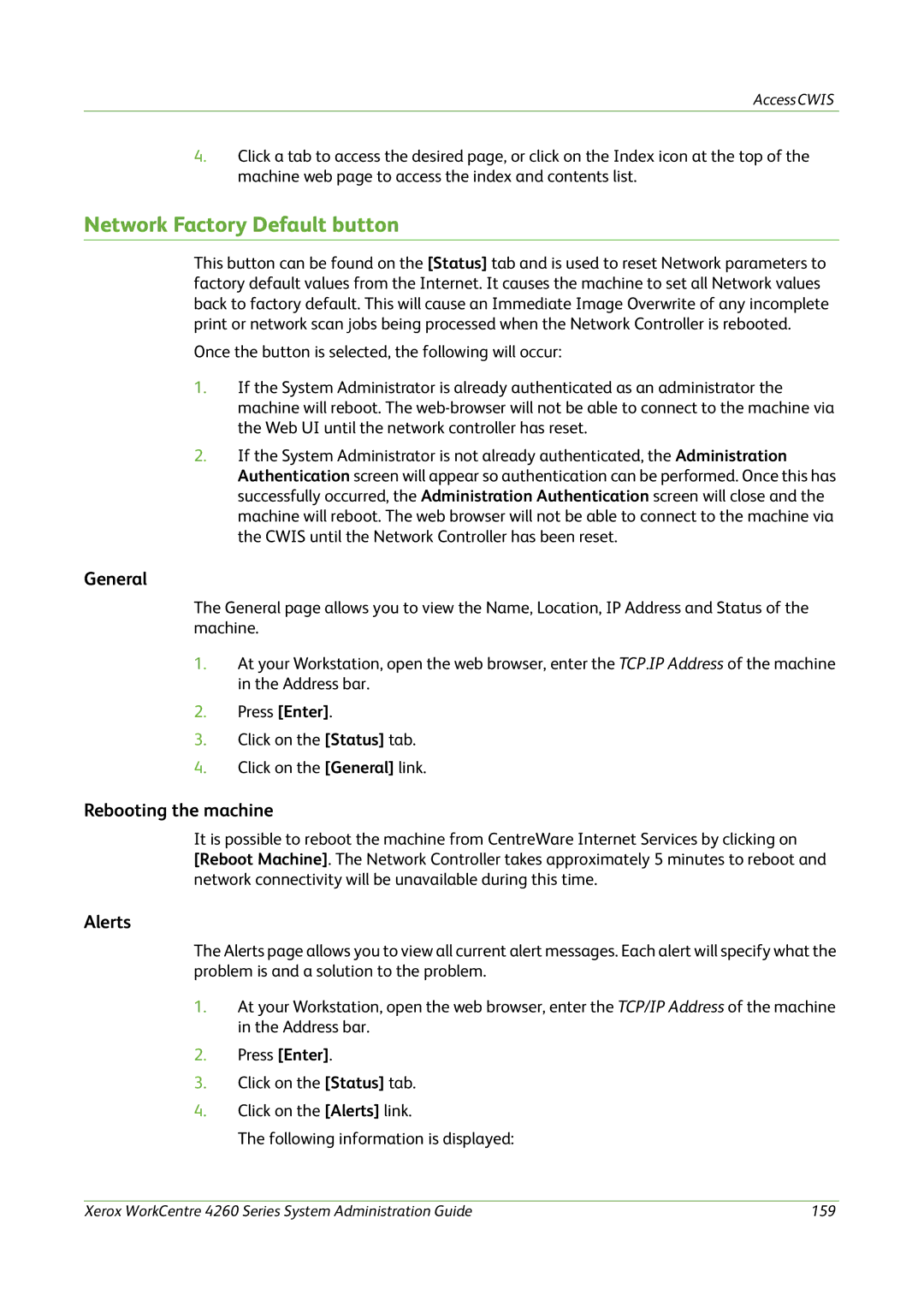 Xerox 4260 Series manual Network Factory Default button, Rebooting the machine, Alerts 