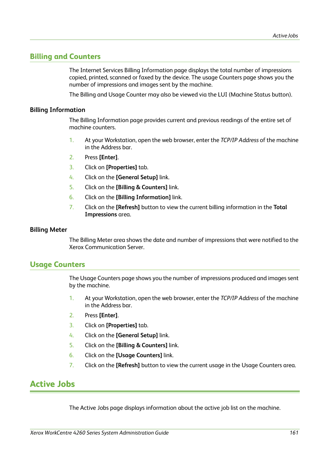 Xerox 4260 Series manual Active Jobs, Billing and Counters, Usage Counters, Billing Information, Billing Meter 