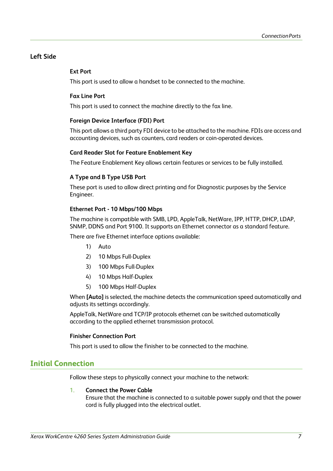 Xerox 4260 Series manual Initial Connection, Left Side 