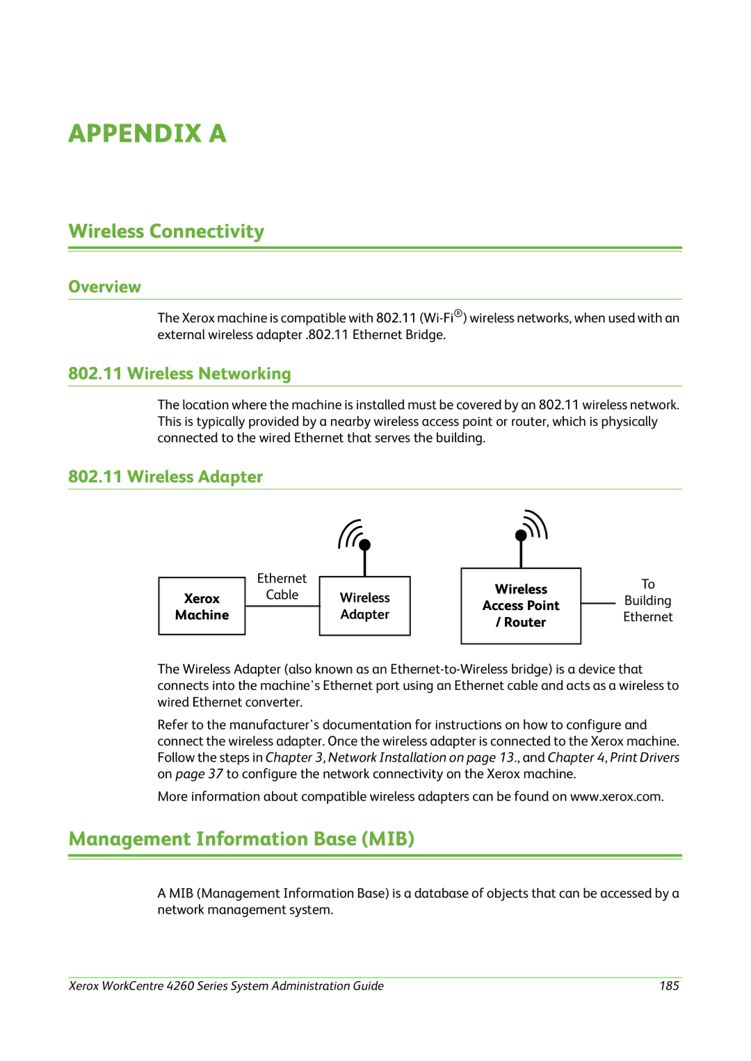 Xerox 4260 Series manual Wireless Connectivity, Management Information Base MIB, Wireless Networking, Wireless Adapter 