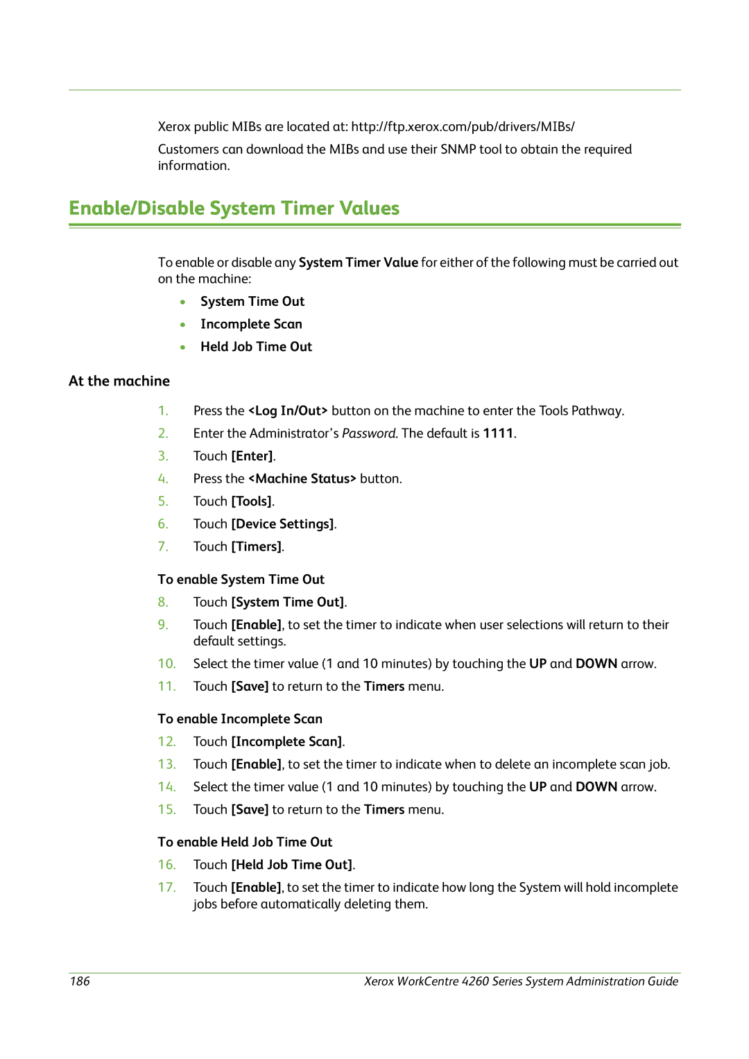 Xerox 4260 Series Enable/Disable System Timer Values, At the machine, System Time Out Incomplete Scan Held Job Time Out 