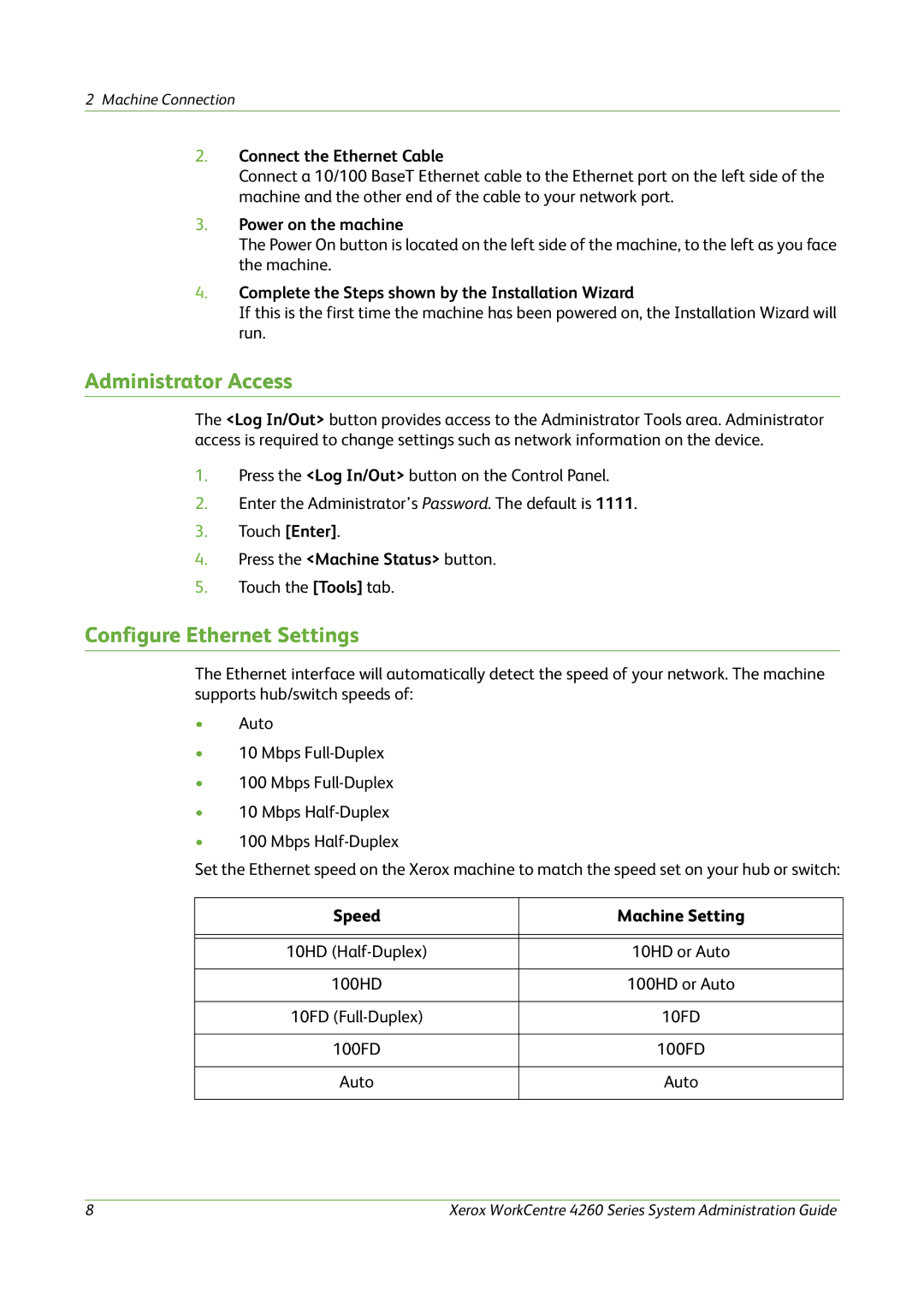 Xerox 4260 Series manual Administrator Access, Configure Ethernet Settings 