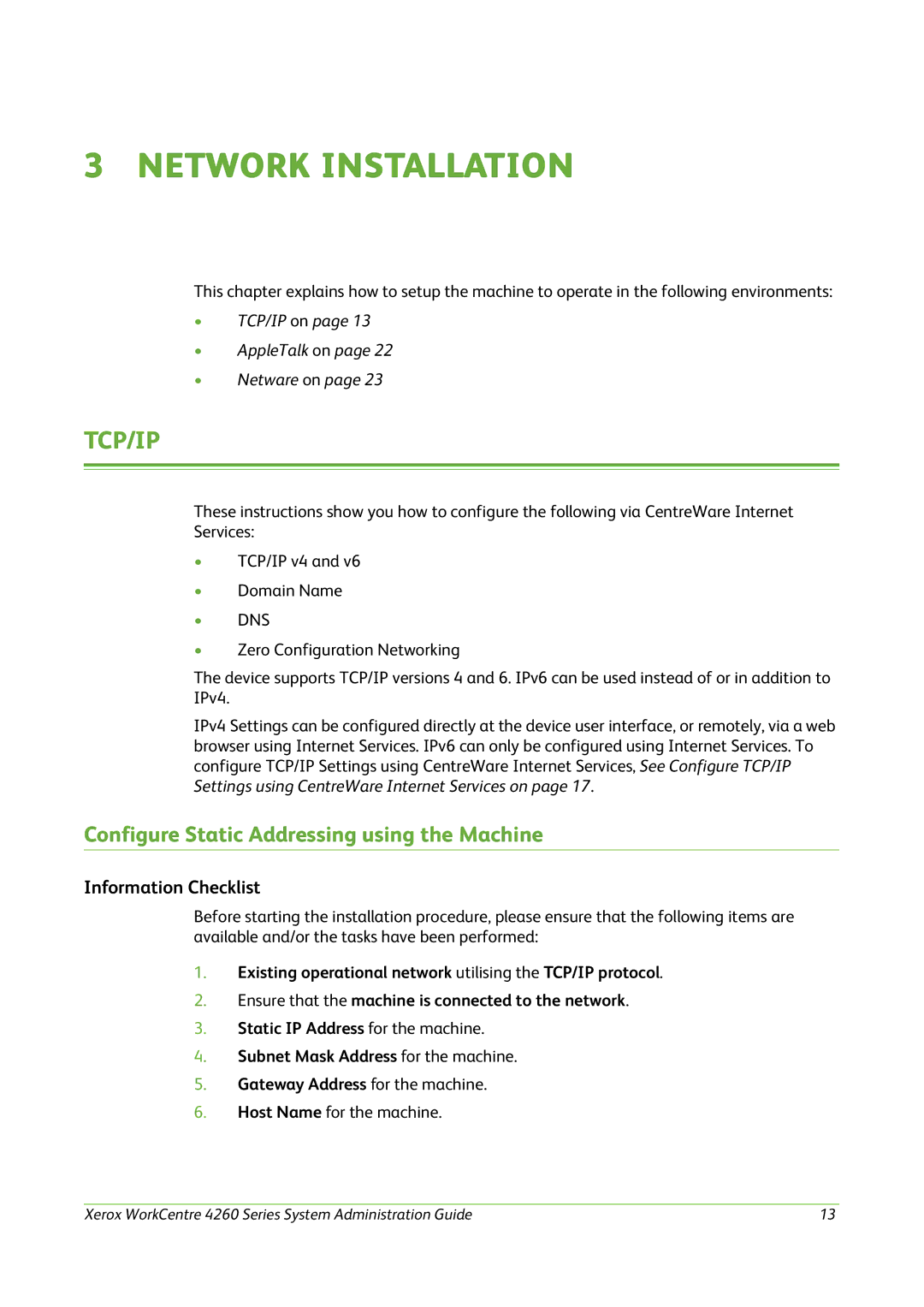 Xerox 4260 Series manual Network Installation, Configure Static Addressing using the Machine 