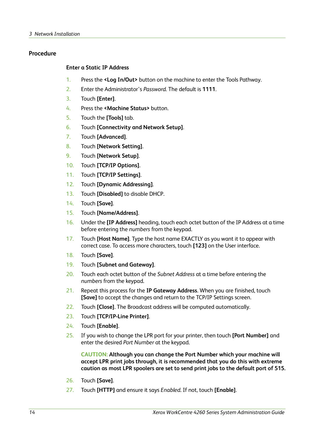 Xerox 4260 Series manual Enter a Static IP Address, Touch Name/Address, Touch Subnet and Gateway 