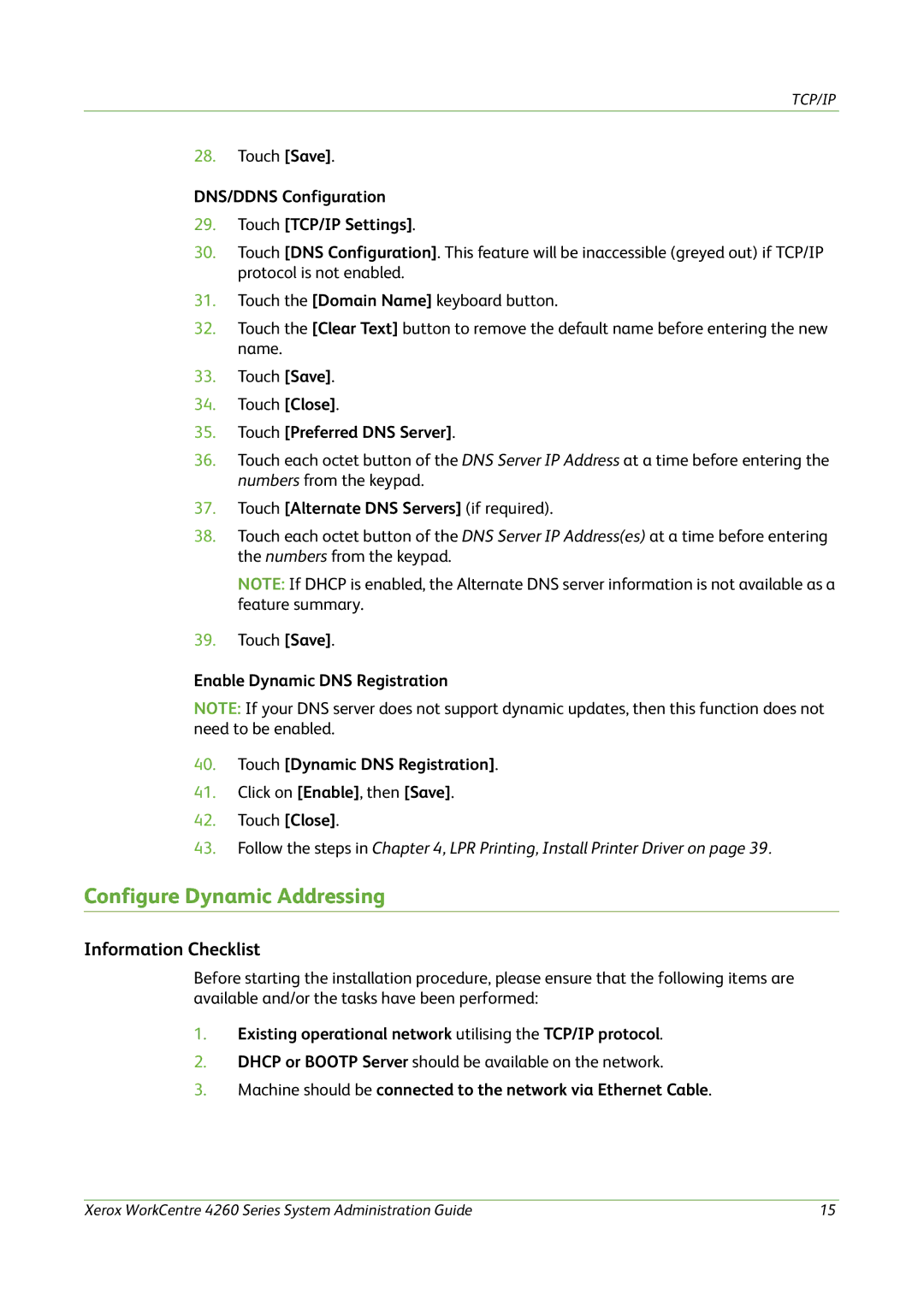 Xerox 4260 Series Configure Dynamic Addressing, DNS/DDNS Configuration Touch TCP/IP Settings, Touch Preferred DNS Server 