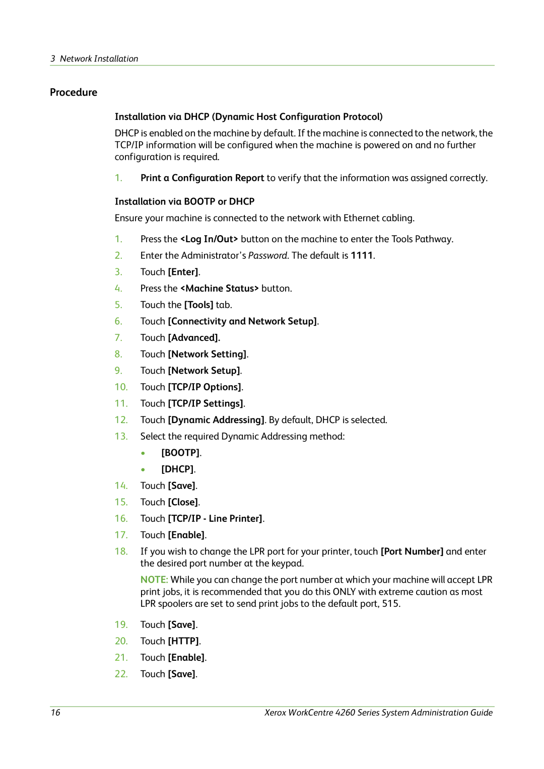 Xerox 4260 Series Installation via Dhcp Dynamic Host Configuration Protocol, Installation via Bootp or Dhcp, Bootp Dhcp 