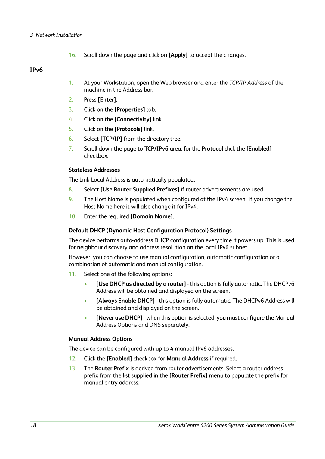 Xerox 4260 Series manual IPv6, Stateless Addresses, Default Dhcp Dynamic Host Configuration Protocol Settings 