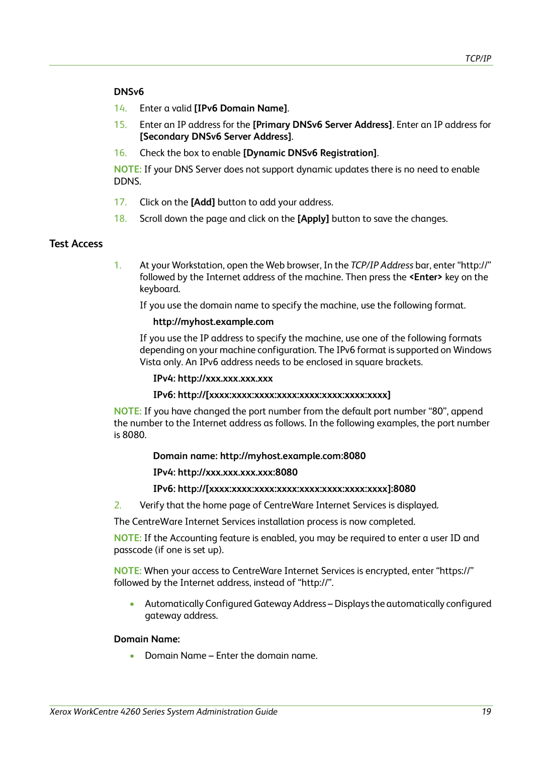 Xerox 4260 Series Test Access, DNSv6 Enter a valid IPv6 Domain Name, Check the box to enable Dynamic DNSv6 Registration 