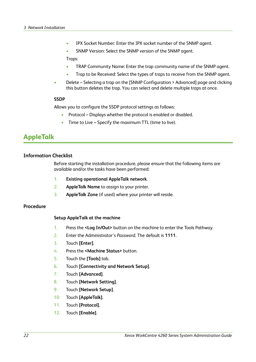 Xerox 4260 Series manual Existing operational AppleTalk network, Setup AppleTalk at the machine 