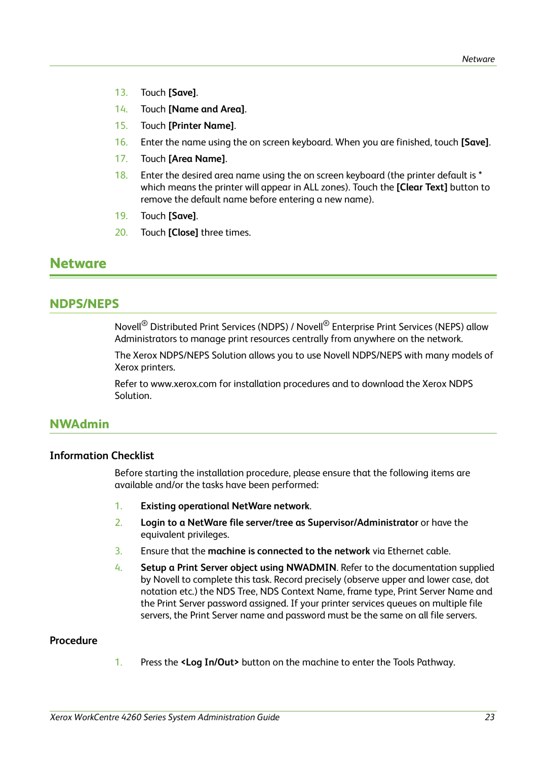 Xerox 4260 Series manual Netware, NWAdmin, Touch Name and Area Touch Printer Name, Touch Area Name 