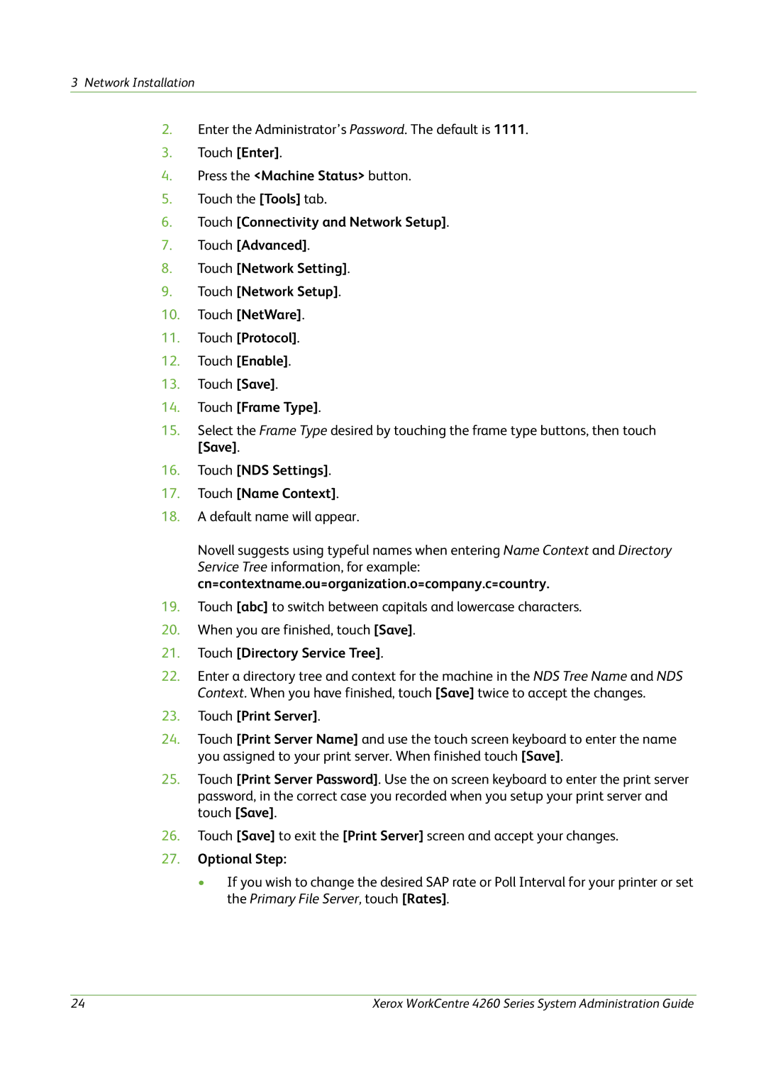 Xerox 4260 Series Touch Frame Type, Touch NDS Settings Touch Name Context, Touch Directory Service Tree, Optional Step 