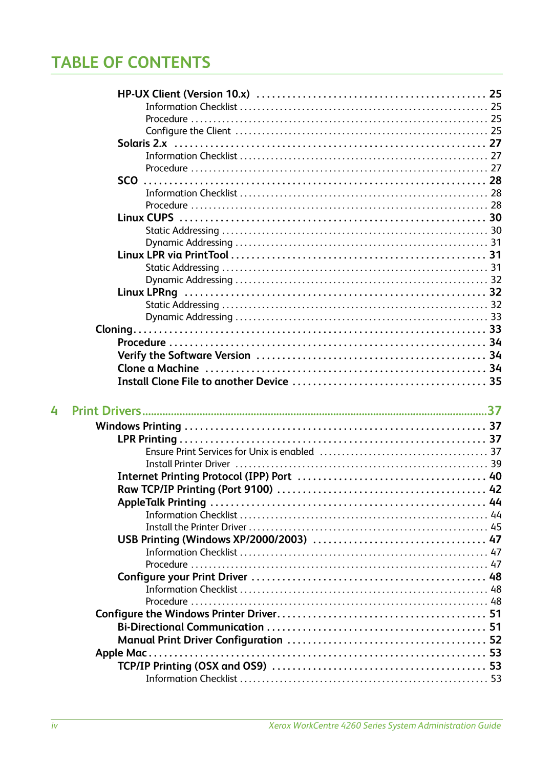 Xerox 4260 Series manual HP-UX Client Version 10.x, Solaris 2.x, Sco, Linux Cups, Linux LPR via PrintTool, Linux LPRng 