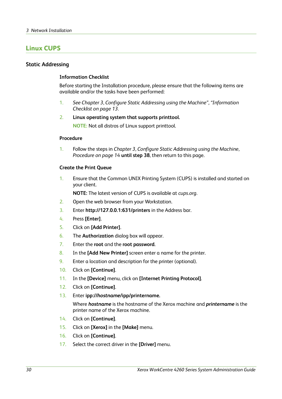 Xerox 4260 Series manual Linux Cups, Static Addressing 