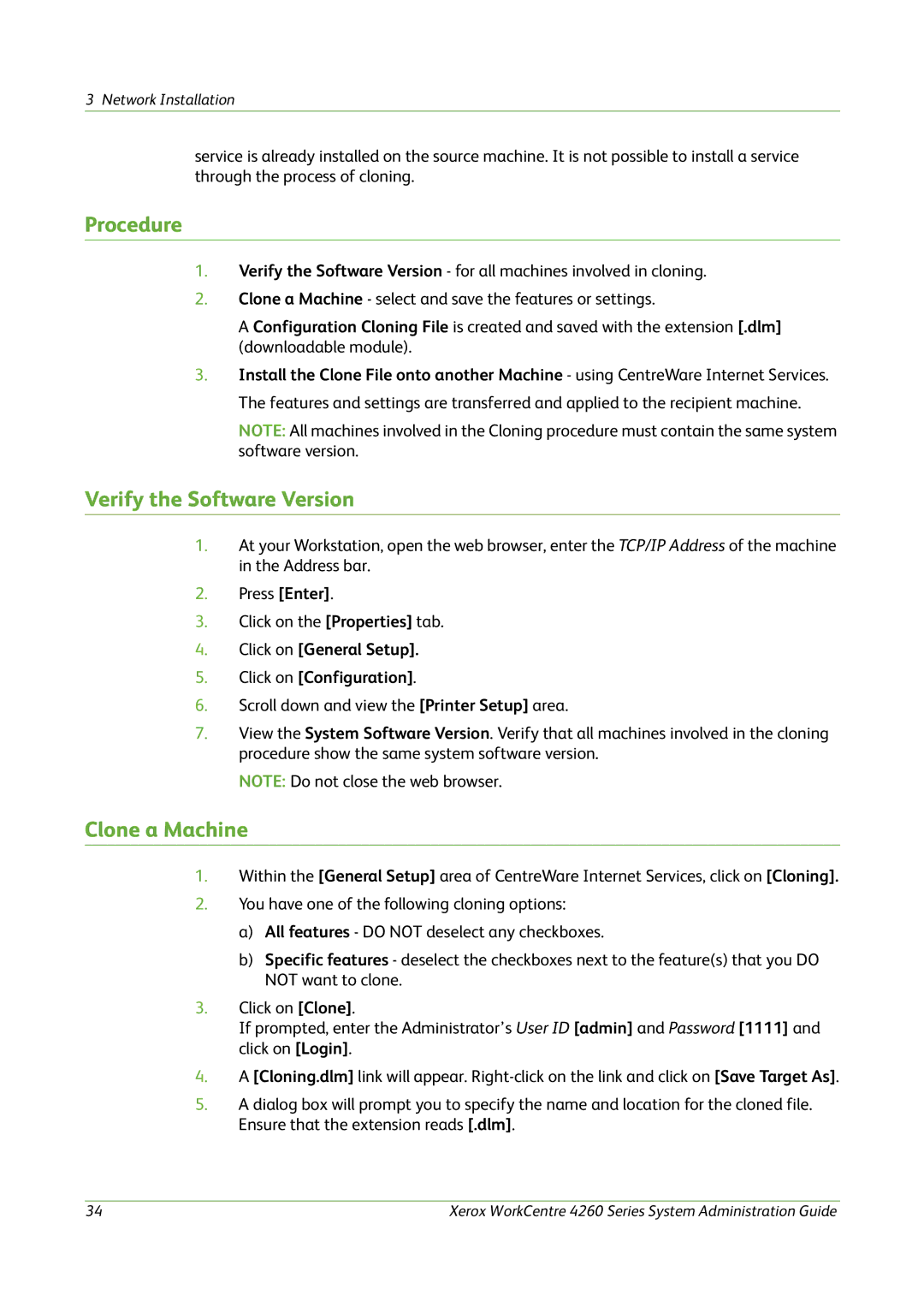 Xerox 4260 Series Procedure, Verify the Software Version, Clone a Machine, Click on General Setup Click on Configuration 