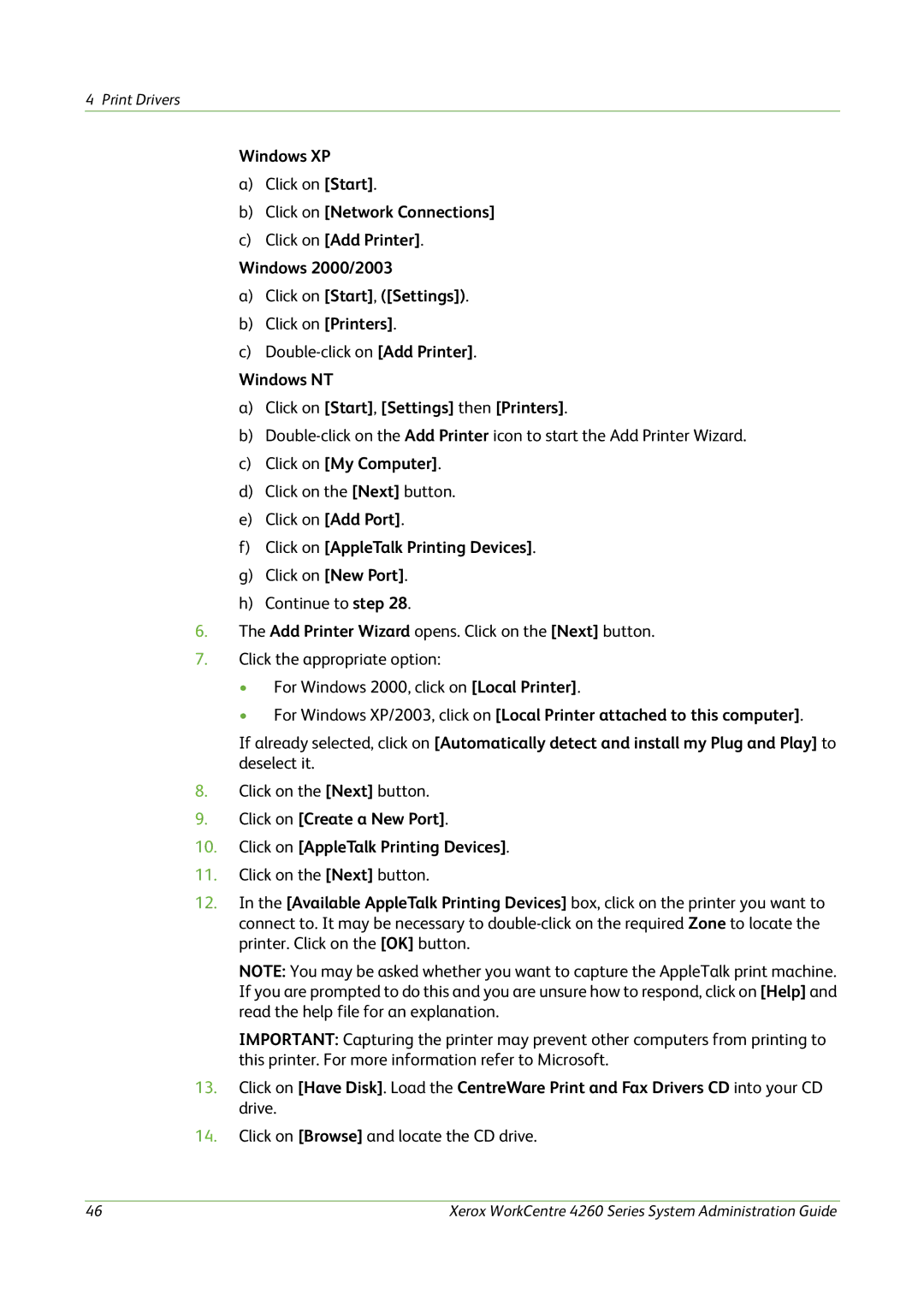 Xerox 4260 Series manual Windows NT Click on Start, Settings then Printers, Click on My Computer 