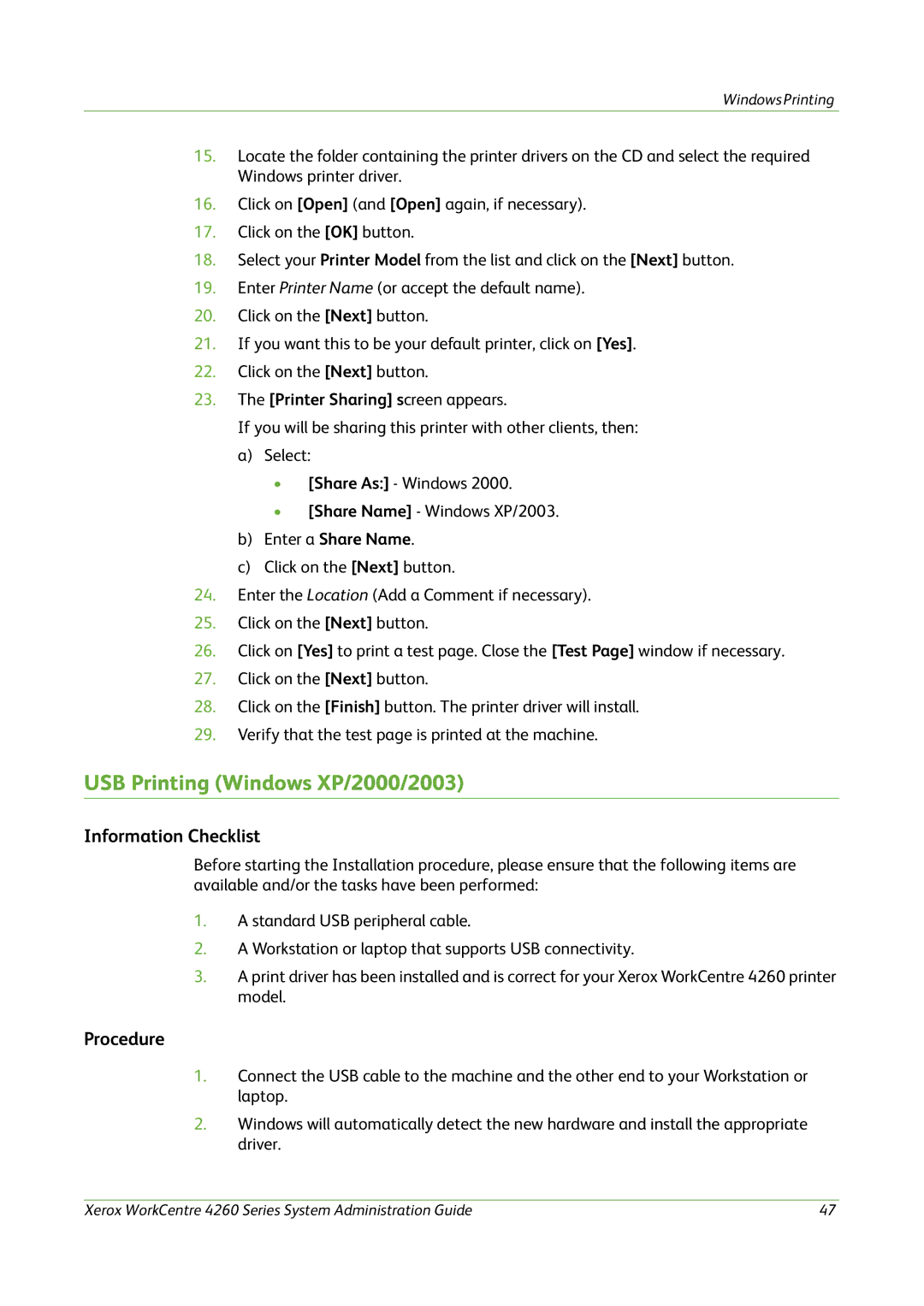 Xerox 4260 Series manual USB Printing Windows XP/2000/2003, Printer Sharing screen appears 