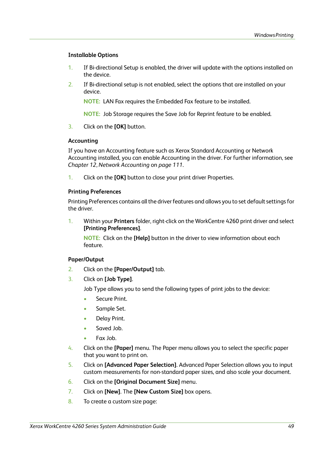 Xerox 4260 Series manual Installable Options, Accounting, Printing Preferences, Paper/Output 