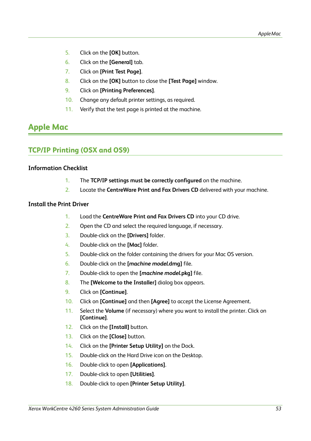 Xerox 4260 Series manual Apple Mac, TCP/IP Printing OSX and OS9, Install the Print Driver 