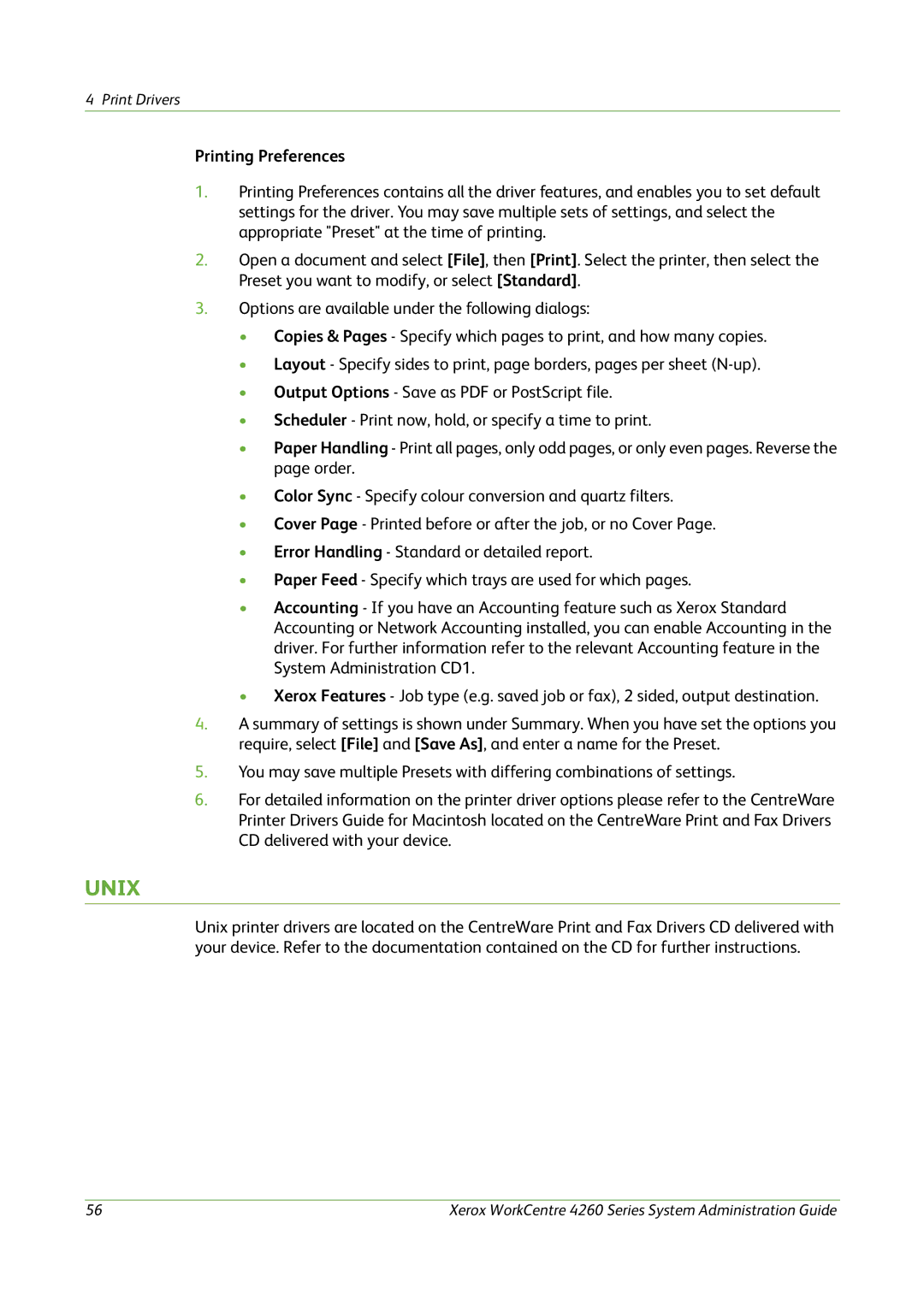 Xerox 4260 Series manual Unix 