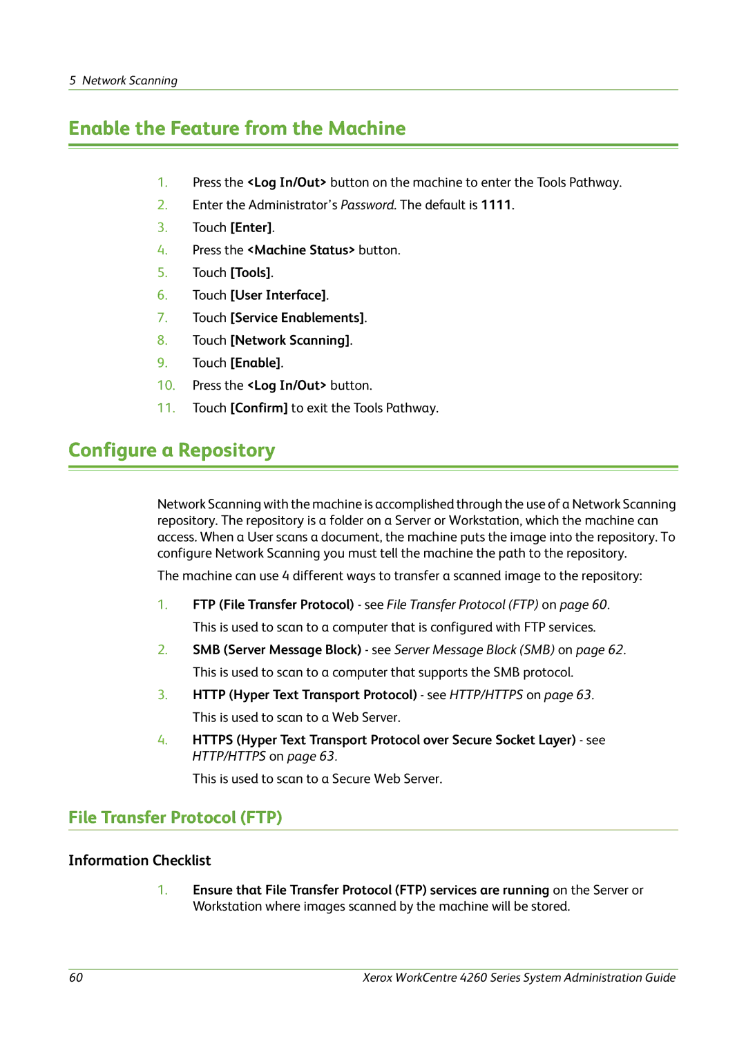 Xerox 4260 Series manual Enable the Feature from the Machine, Configure a Repository, File Transfer Protocol FTP 