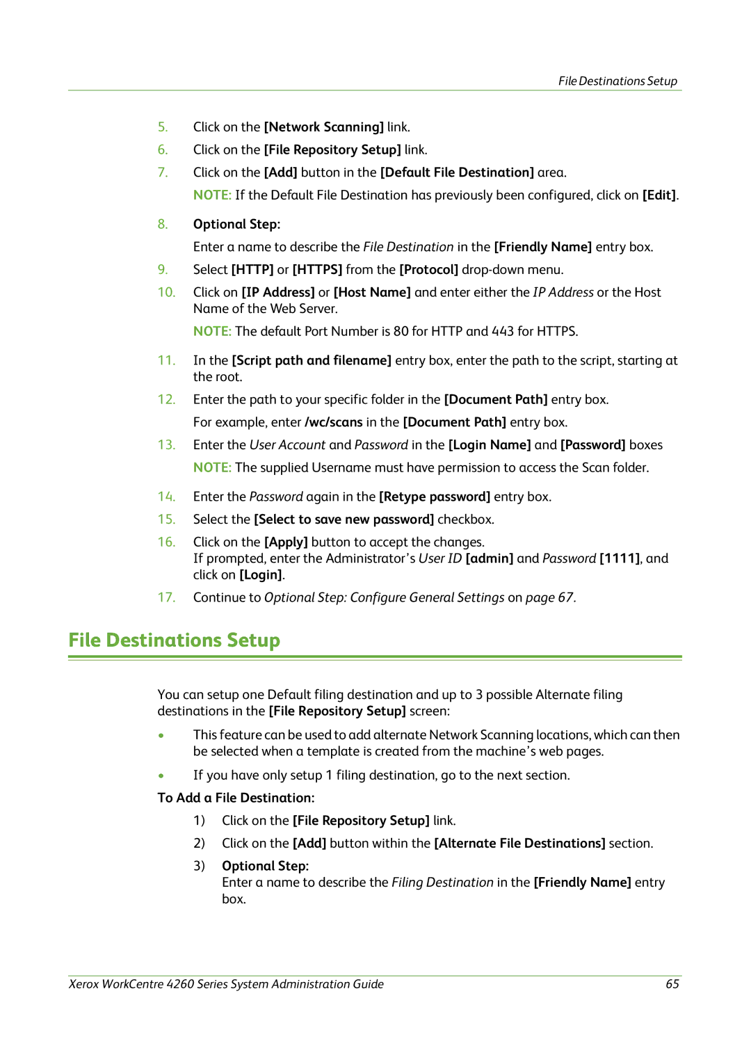 Xerox 4260 Series manual File Destinations Setup, Optional Step 