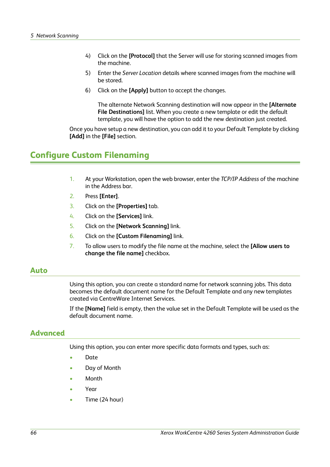 Xerox 4260 Series manual Configure Custom Filenaming, Auto, Advanced 