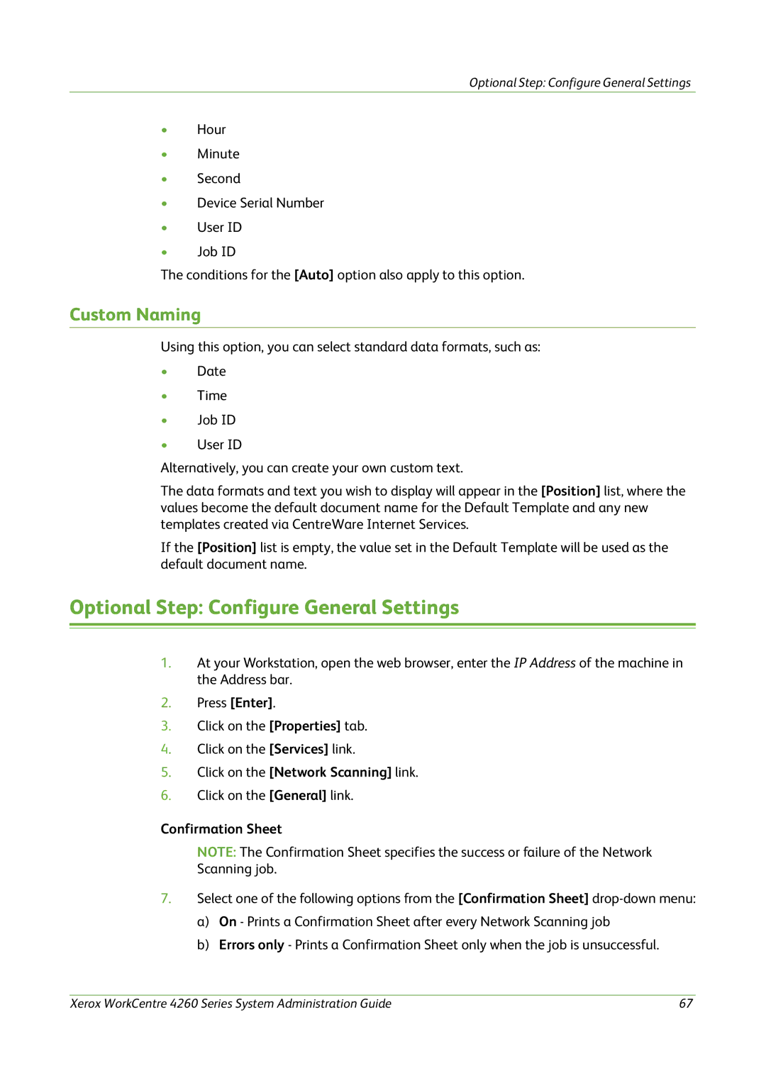 Xerox 4260 Series manual Optional Step Configure General Settings, Custom Naming, Click on the Network Scanning link 