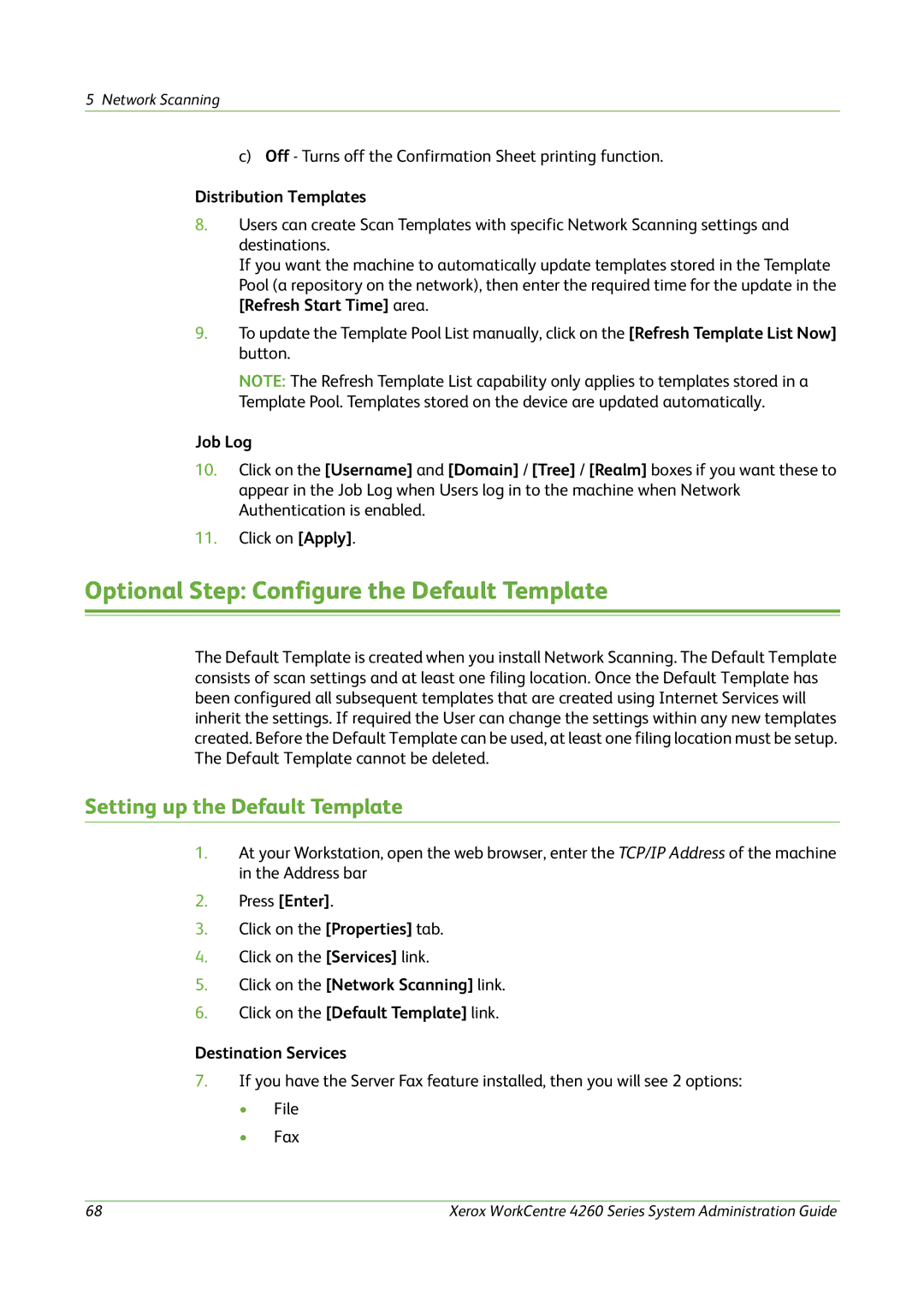 Xerox 4260 Series Optional Step Configure the Default Template, Setting up the Default Template, Distribution Templates 