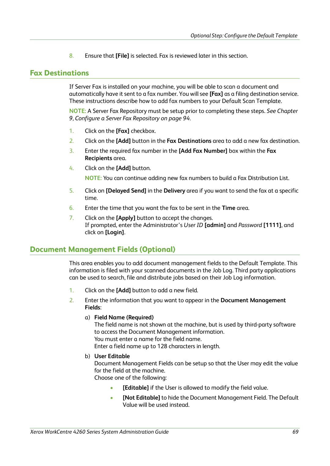 Xerox 4260 Series manual Fax Destinations, Document Management Fields Optional, Field Name Required, User Editable 