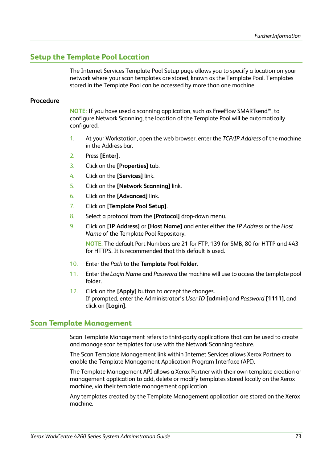 Xerox 4260 Series manual Setup the Template Pool Location, Scan Template Management, Click on Template Pool Setup 