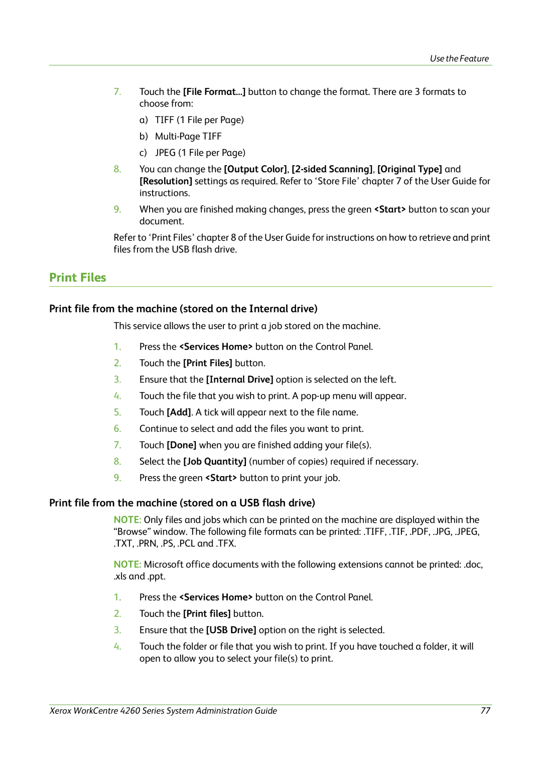 Xerox 4260 Series manual Print Files, Print file from the machine stored on the Internal drive 