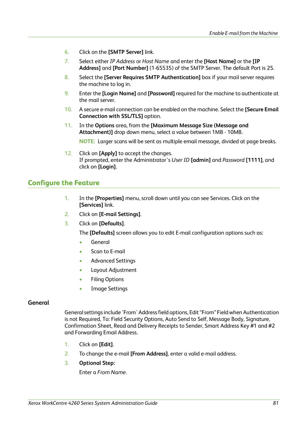 Xerox 4260 Series manual Configure the Feature, General, Click on E-mail Settings 